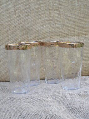 Vintage West Virginia Glass Optic 22K Gold Drink Glass Set of 4